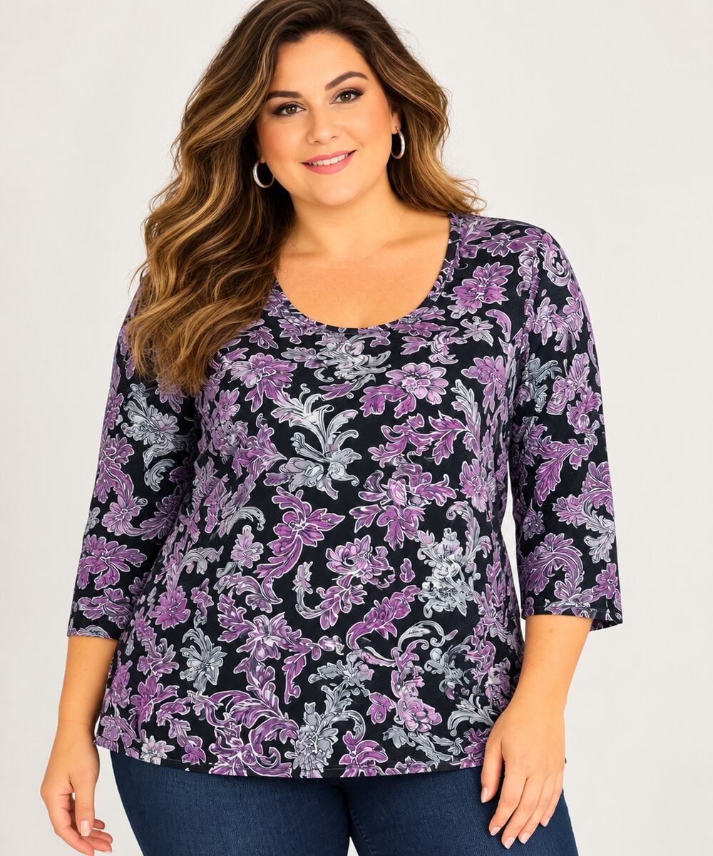 JM Collection Woman 1X Black Purple Floral Paisley Top Blouse 3/4 Sleeve Stretch